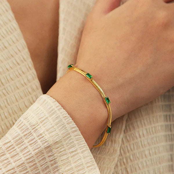 Snake Chain Green Emerald Studded Wraparound Bracelet