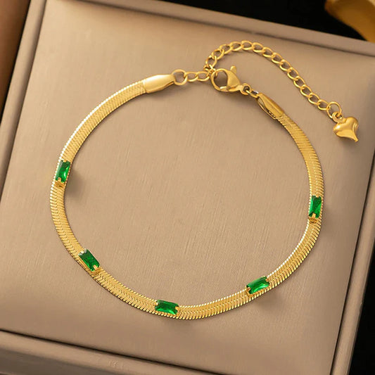 Snake Chain Green Emerald Studded Wraparound Bracelet